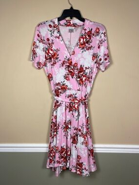 VENUS Women’s Floral Print Multicolor Faux Wrap Waist Tie Short Sleeve Dress